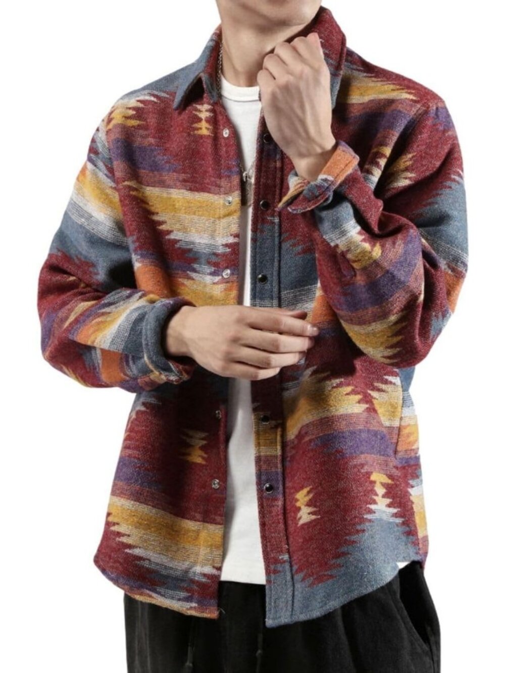 Men's Brushed Flannel Shacket - Ethnic Aztec Print Button-Up Tribal Jacket